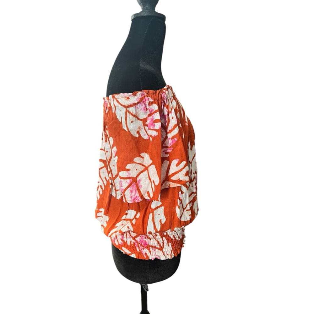 Nicole Miller Orange & White Leaf Print Off-Shoulder Blouse S - Picture 3 of 8